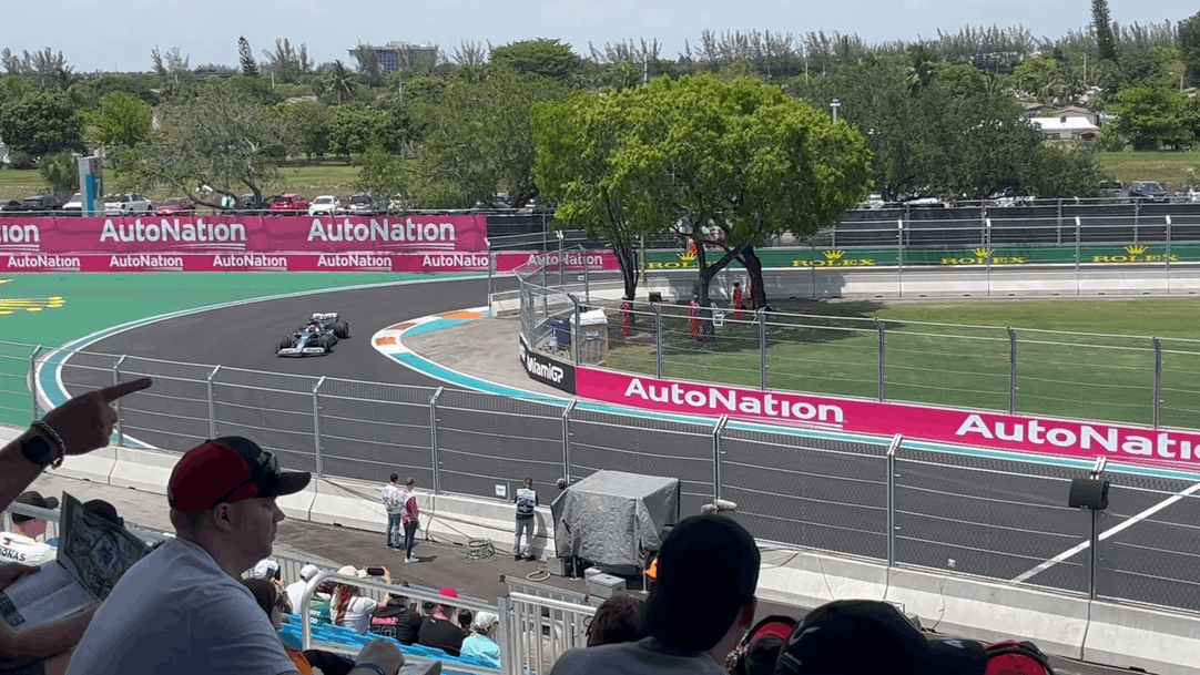 A formula one car executing a hairpin turn at Formula 1 Grand Prix, Miami, 2023
